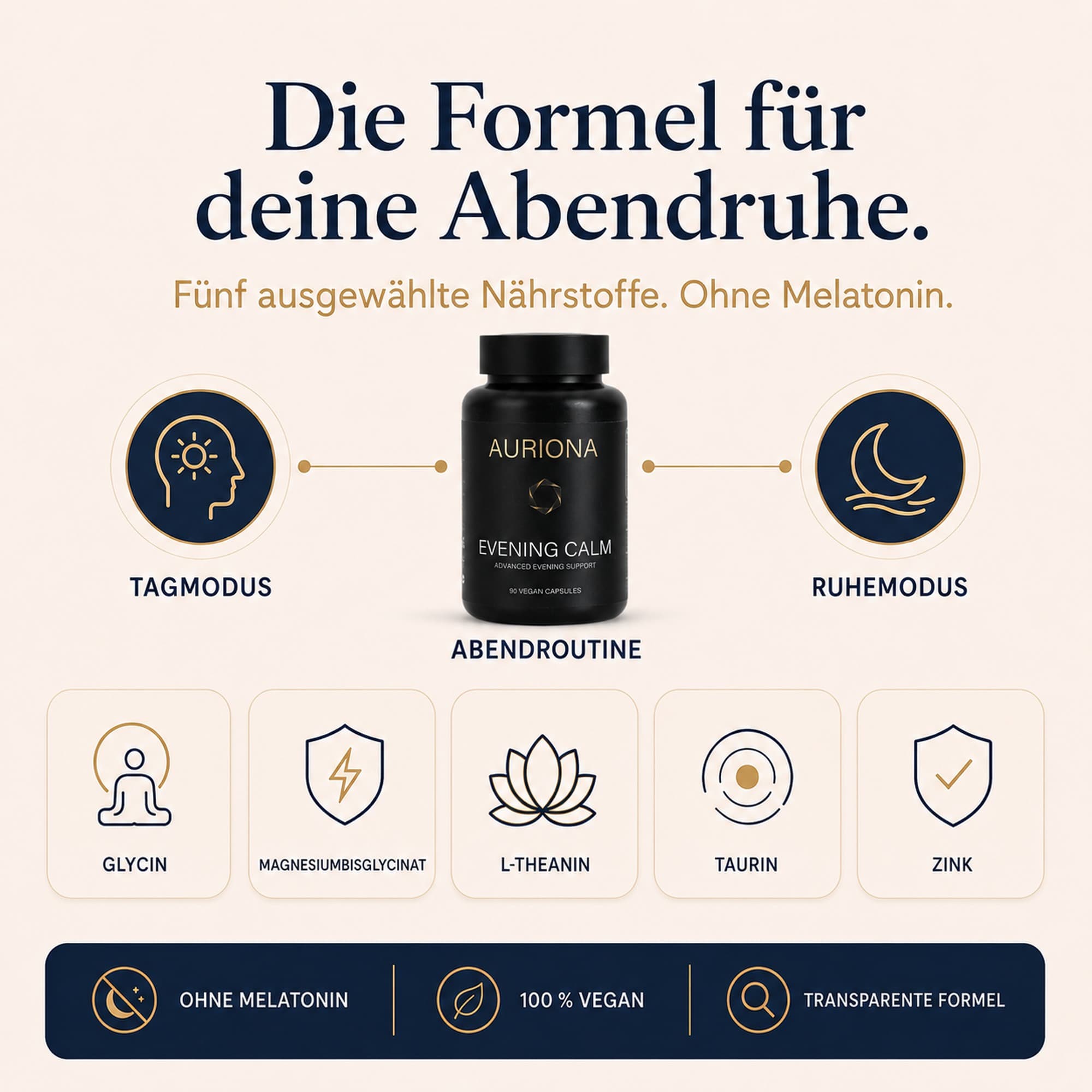 AURIONA Evening Calm – „Die Formel für deine Abendruhe“: Dose zwischen Tagmodus und Ruhemodus, fünf Inhaltsstoffe Glycin, Magnesiumbisglycinat, L-Theanin, Taurin, Zink, ohne Melatonin, 100% vegan, transparente Formel