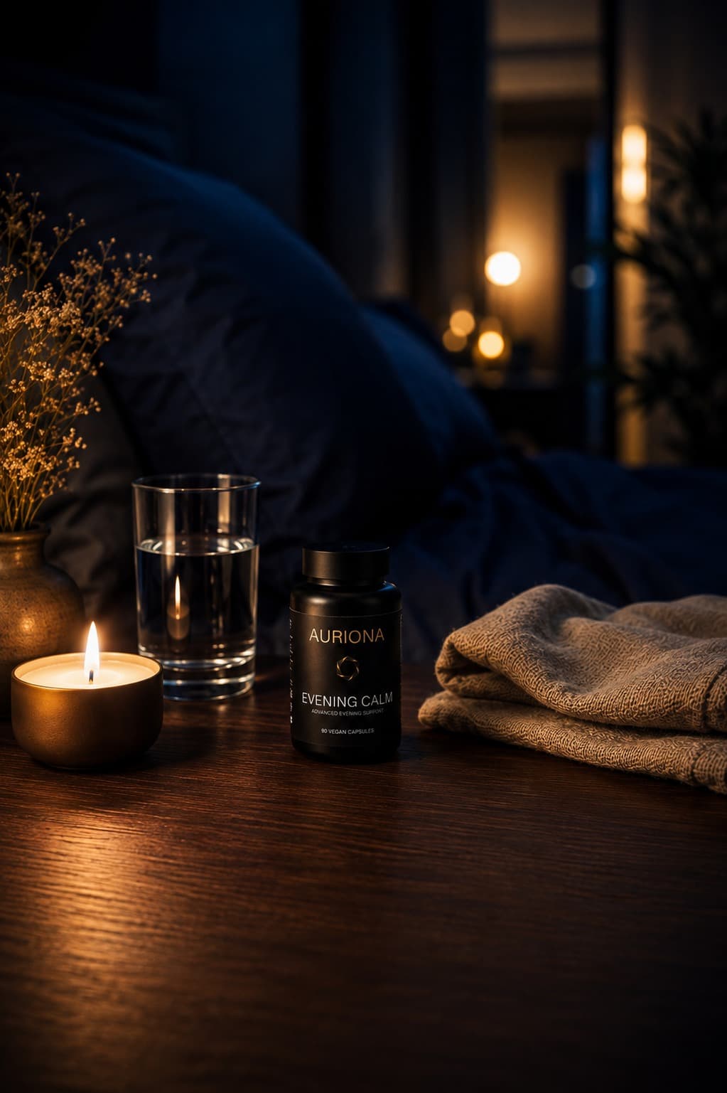AURIONA Evening Calm auf dem Nachttisch, abendliche Routine mit Kerze und Wasserglas