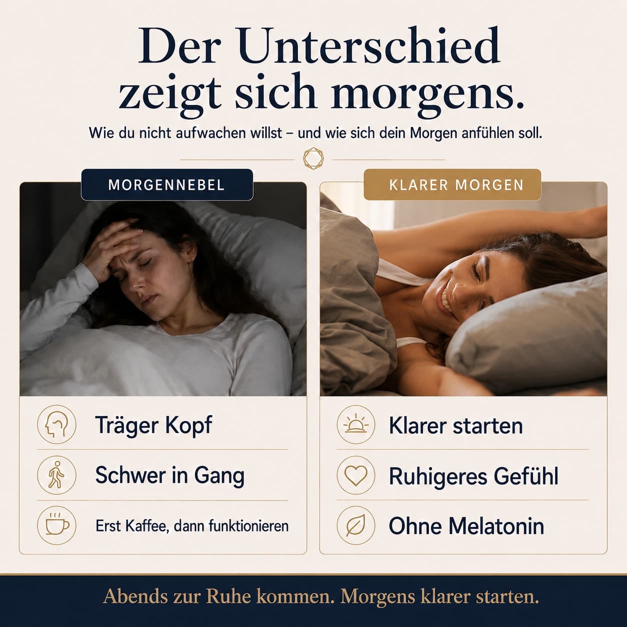 AURIONA Evening Calm – Vergleichsgrafik „Melatonin macht müde. Auriona macht den Unterschied.“: mit Melatonin vs. mit Auriona Evening Calm
