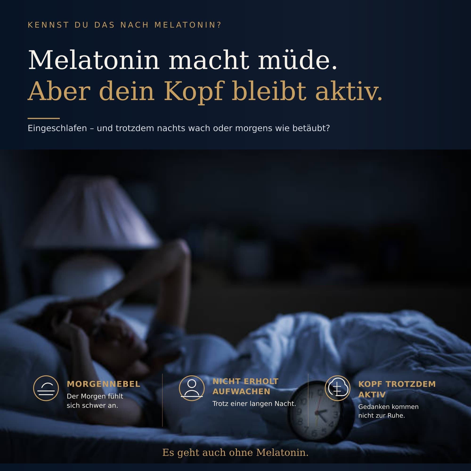 Kennst du das nach Melatonin? Melatonin macht müde, aber dein Kopf bleibt aktiv – Morgennebel, nicht erholt aufwachen, Kopf trotzdem aktiv