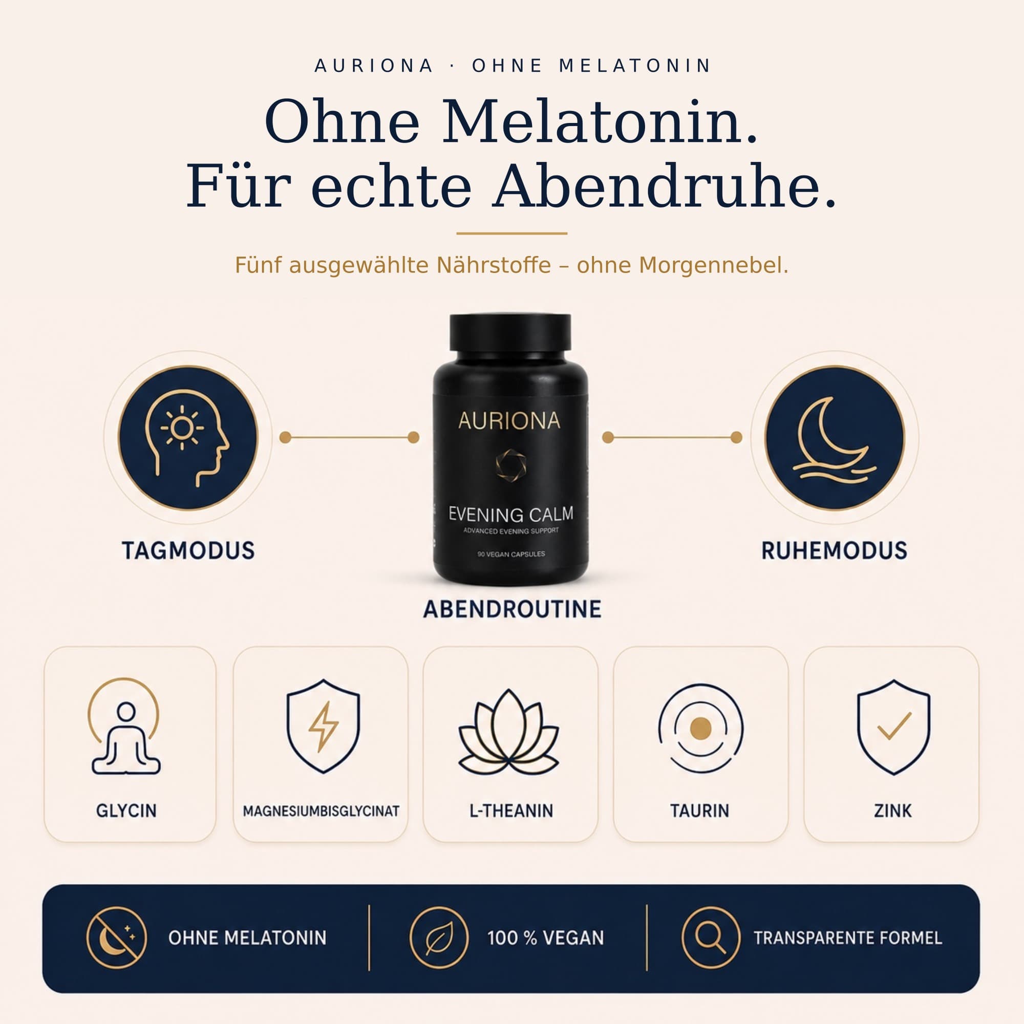 AURIONA Ohne Melatonin – „Ohne Melatonin. Für echte Abendruhe.“: Dose zwischen Tagmodus und Ruhemodus, fünf Inhaltsstoffe Glycin, Magnesiumbisglycinat, L-Theanin, Taurin, Zink, ohne Melatonin, 100% vegan, transparente Formel